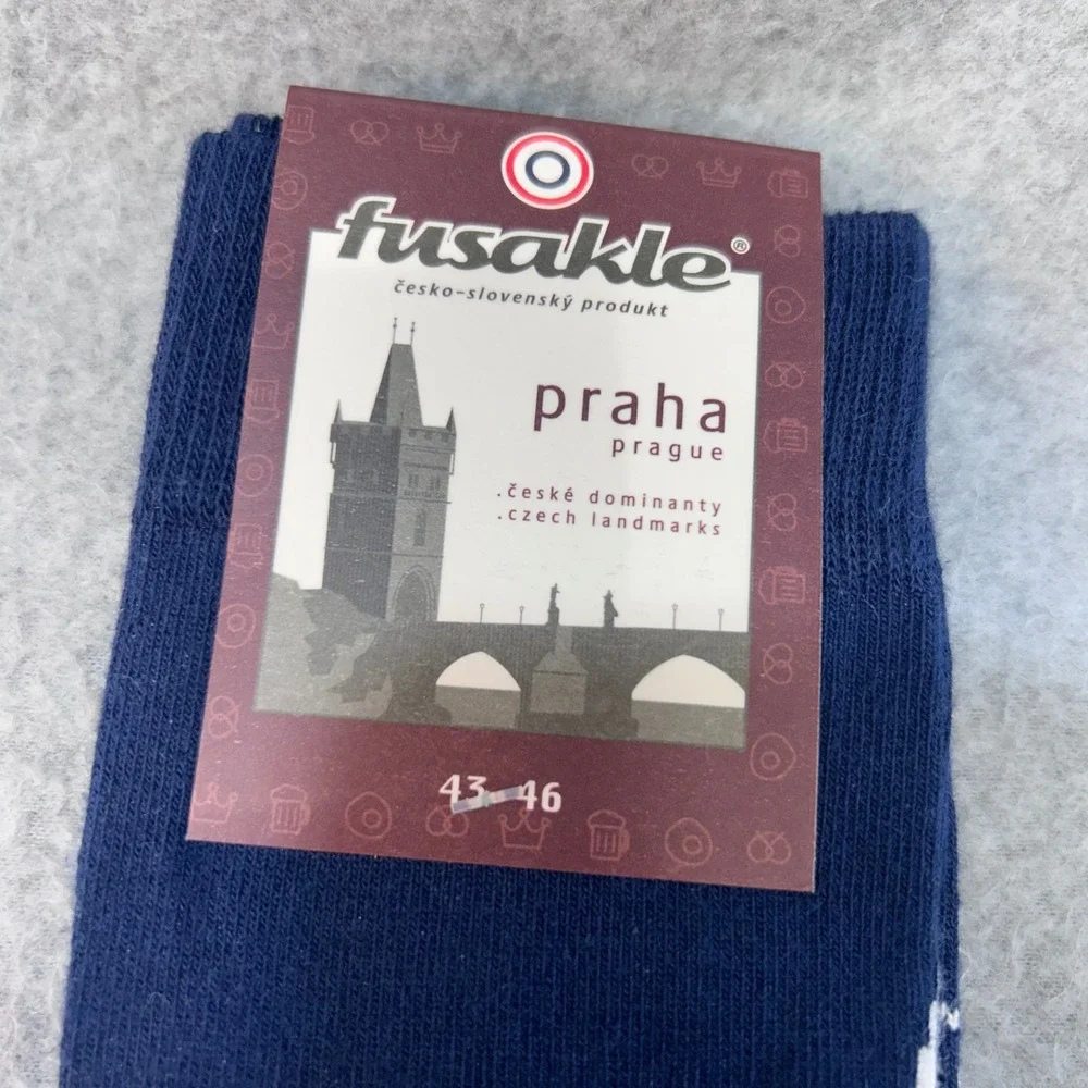 Czech Landmark Charles Bridge Praha Prague  Navy Fusakle Crew Socks US 9.5-11.5